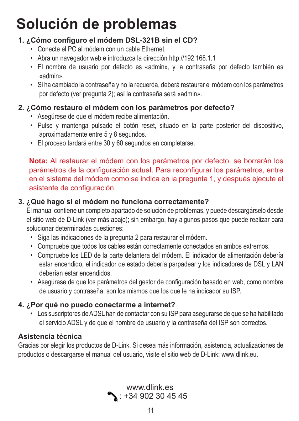 Solución de problemas | D-Link DSL-321B User Manual | Page 11 / 40