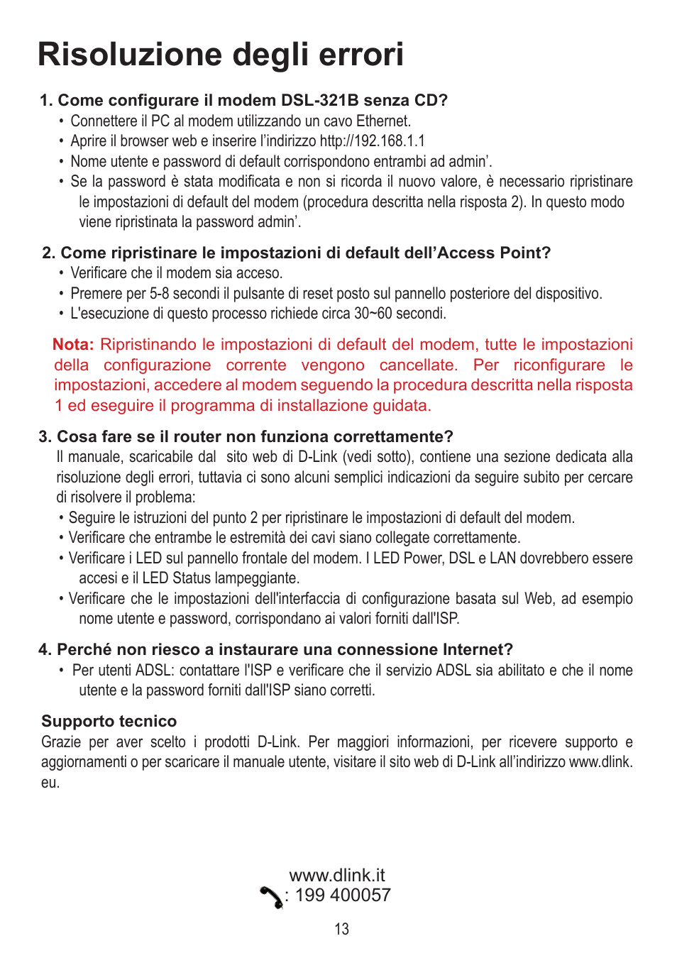 Risoluzione degli errori | D-Link DSL-321B User Manual | Page 13 / 40