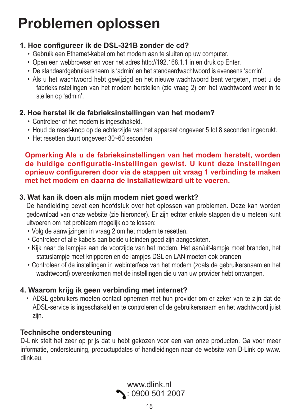 Problemen oplossen | D-Link DSL-321B User Manual | Page 15 / 40