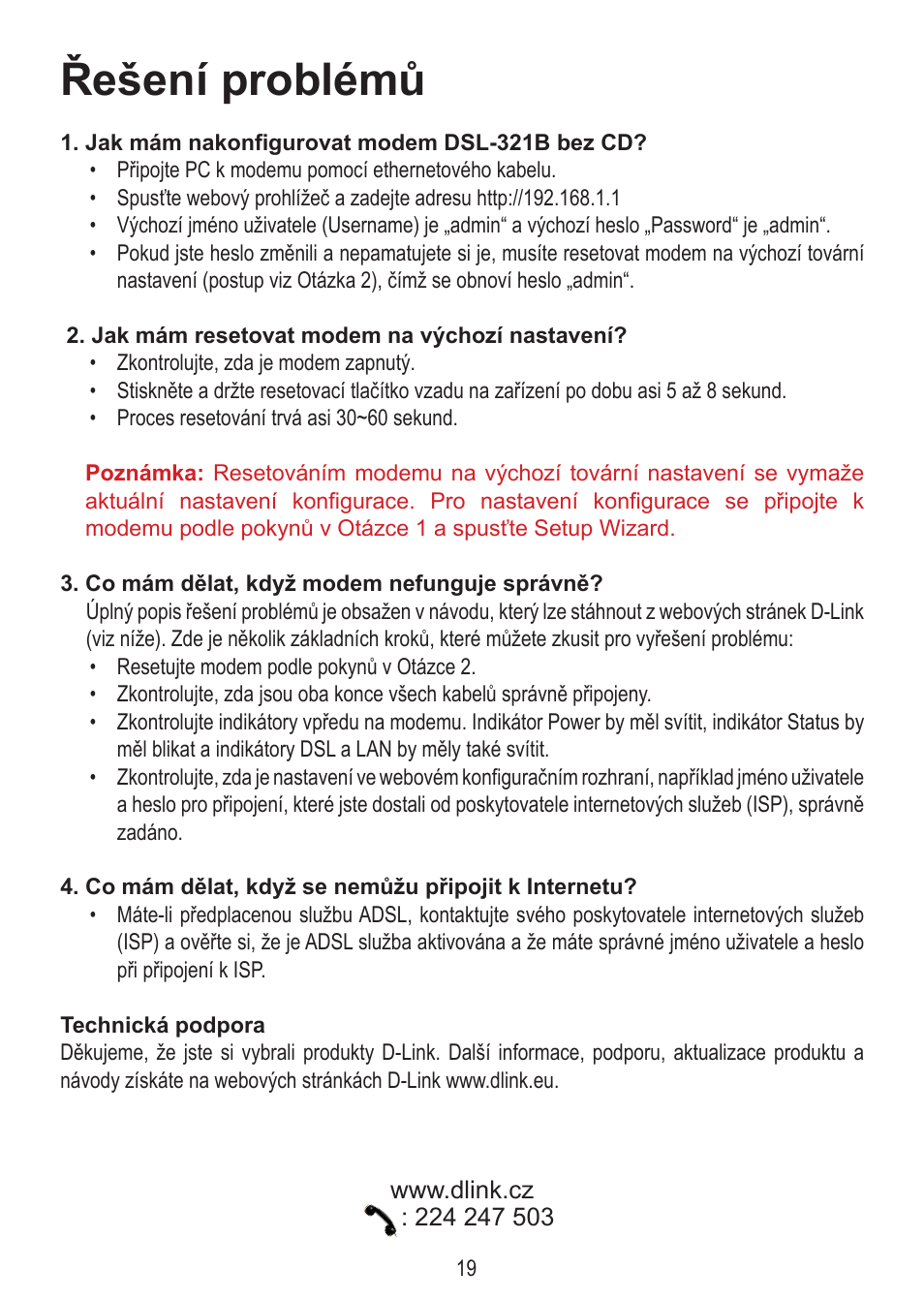 Řešení problémů | D-Link DSL-321B User Manual | Page 19 / 40