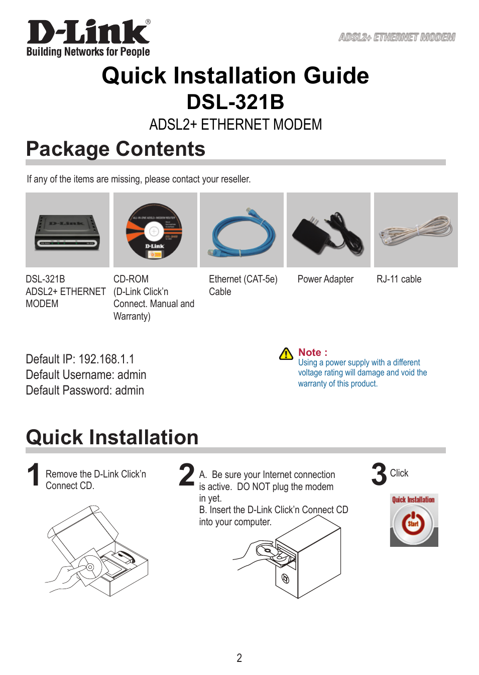 Quick installation guide, Dsl-321b, Quick installation package contents | Adsl+ ethernet modem | D-Link DSL-321B User Manual | Page 2 / 40