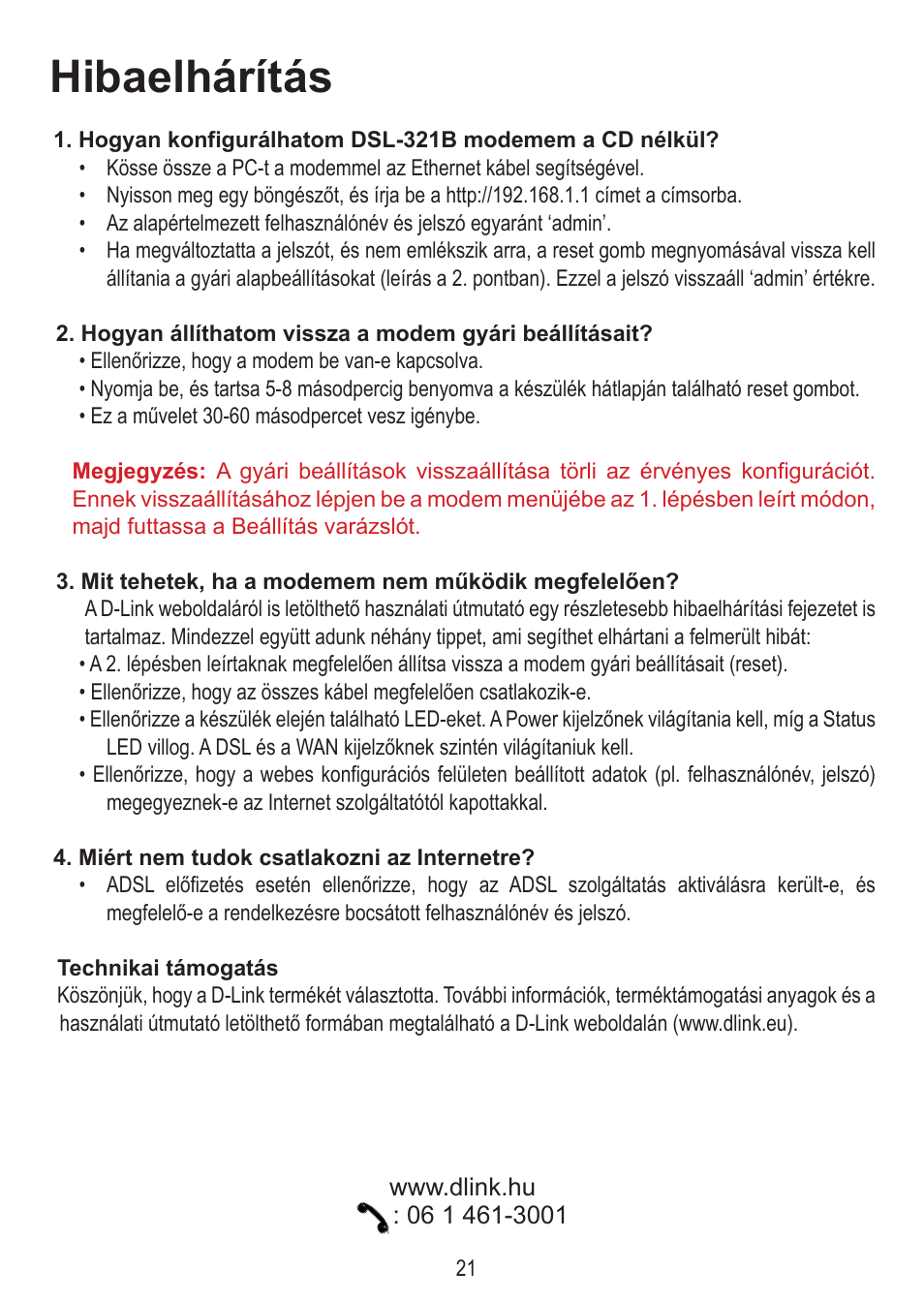 Hibaelhárítás | D-Link DSL-321B User Manual | Page 21 / 40