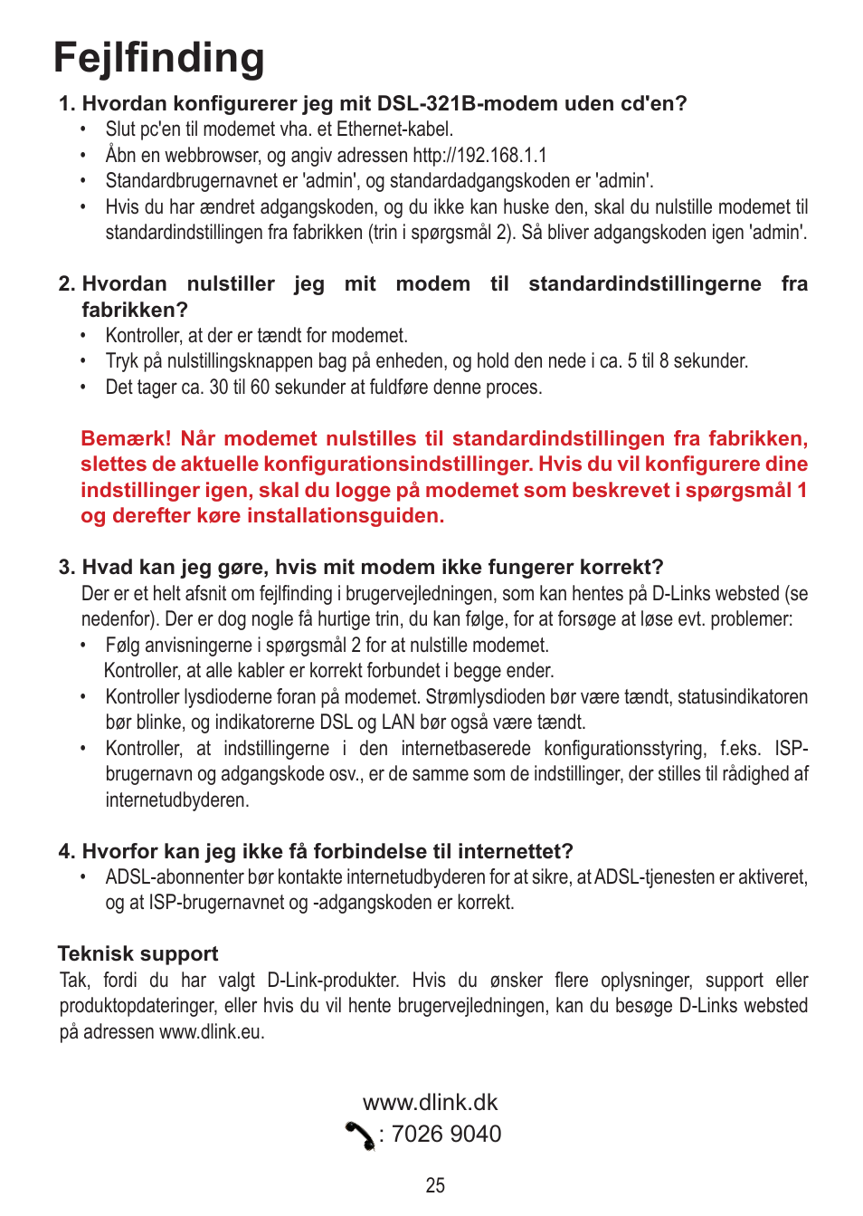 Fejlfinding | D-Link DSL-321B User Manual | Page 25 / 40