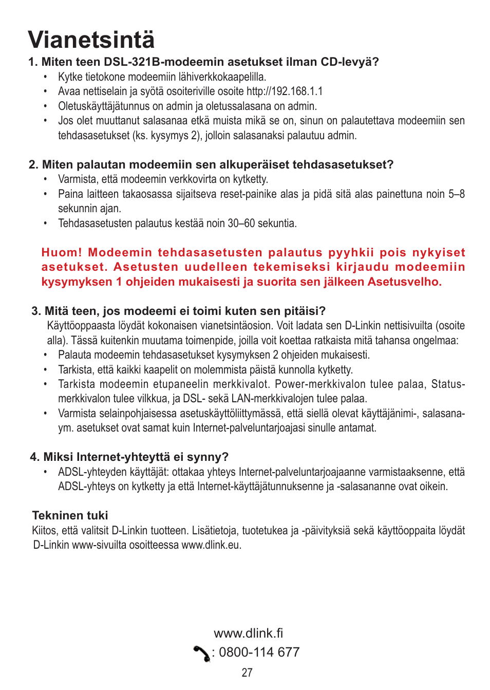 Vianetsintä | D-Link DSL-321B User Manual | Page 27 / 40