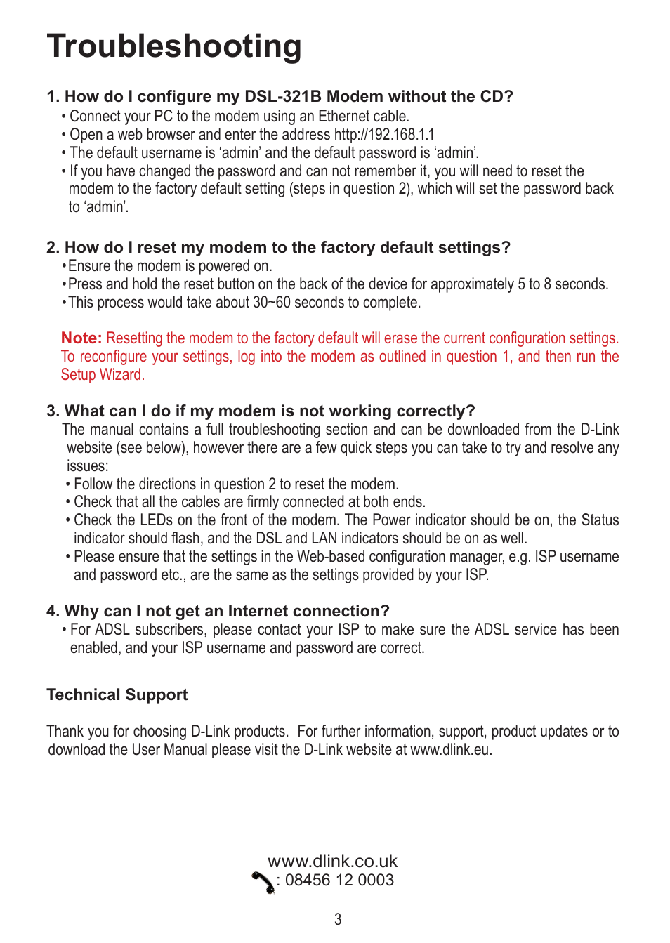 Troubleshooting | D-Link DSL-321B User Manual | Page 3 / 40