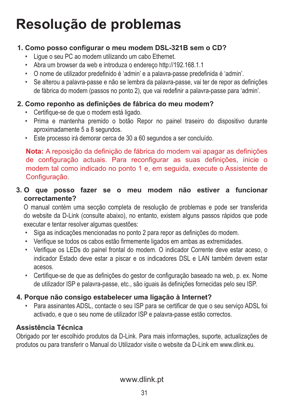 Resolução de problemas | D-Link DSL-321B User Manual | Page 31 / 40