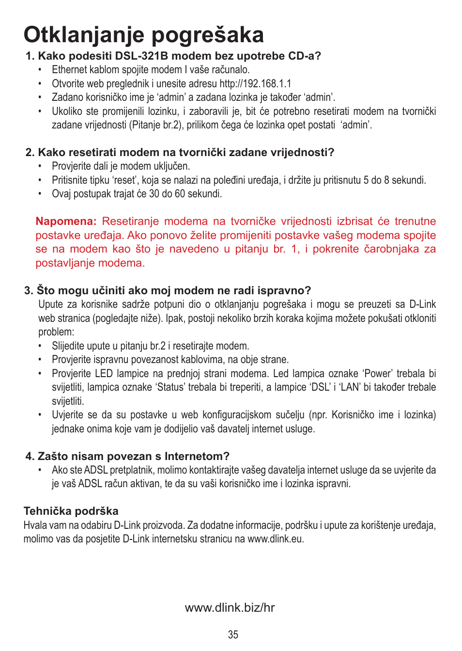 Otklanjanje pogrešaka, Adsl+ ethernet modem | D-Link DSL-321B User Manual | Page 35 / 40