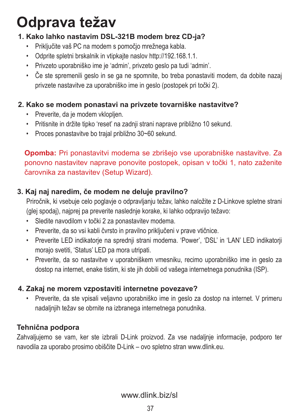 Odprava težav, Adsl+ ethernet modem | D-Link DSL-321B User Manual | Page 37 / 40