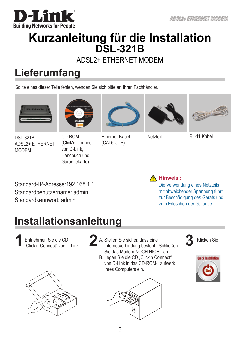 Kurzanleitung für die installation, Dsl-321b, Installationsanleitung lieferumfang | Adsl+ ethernet modem | D-Link DSL-321B User Manual | Page 6 / 40