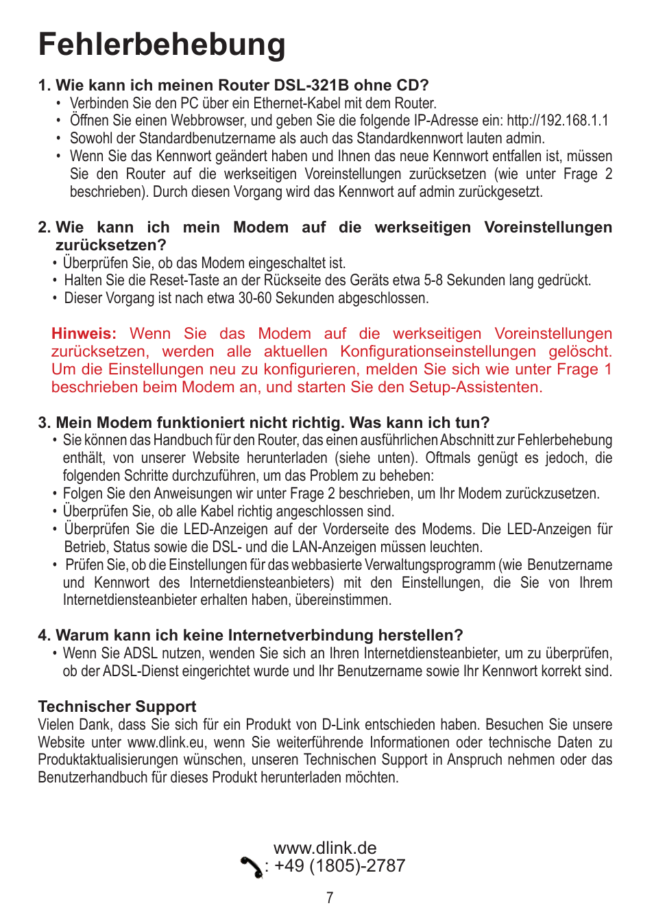 Fehlerbehebung | D-Link DSL-321B User Manual | Page 7 / 40