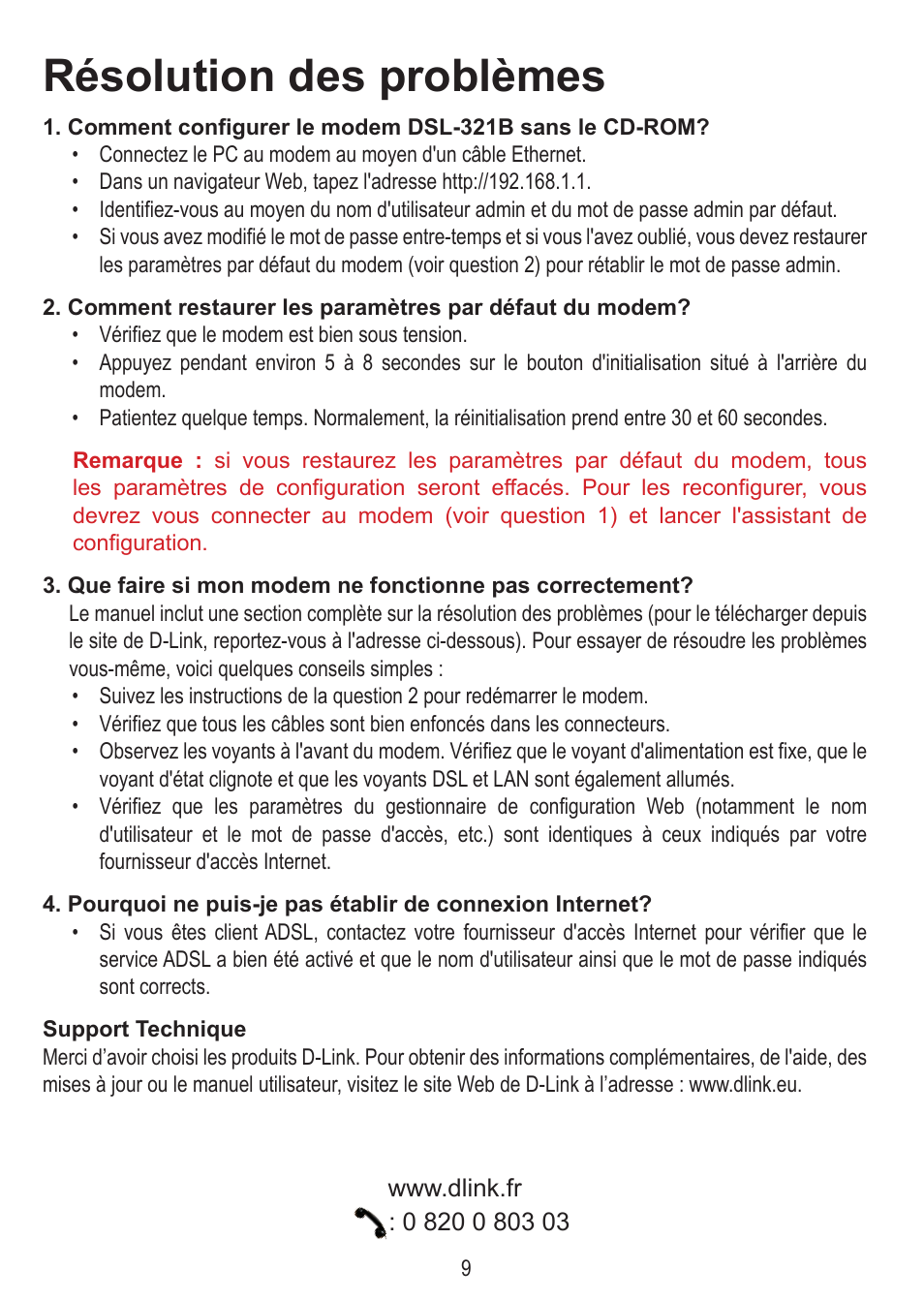 Résolution des problèmes | D-Link DSL-321B User Manual | Page 9 / 40