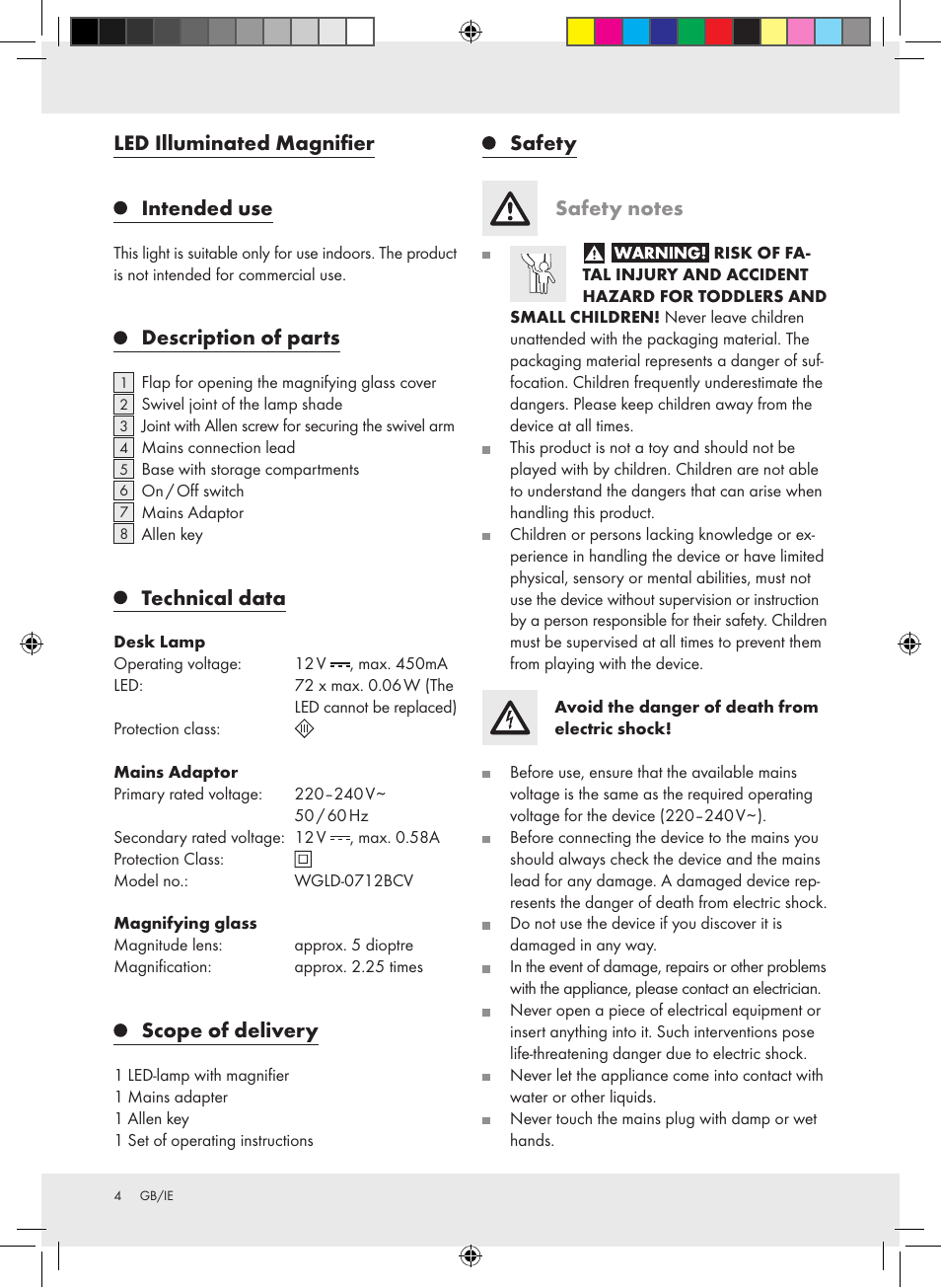 Led illuminated magnifier intended use, Description of parts, Technical data | Scope of delivery | Livarno Z31304-BS User Manual | Page 4 / 7