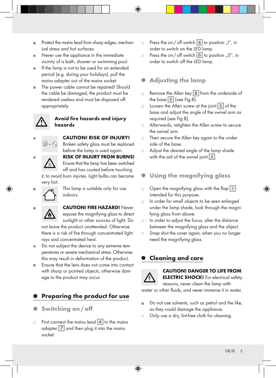 Preparing the product for use switching on / off, Adjusting the lamp, Using the magnifying glass | Cleaning and care | Livarno Z31304-BS User Manual | Page 5 / 7