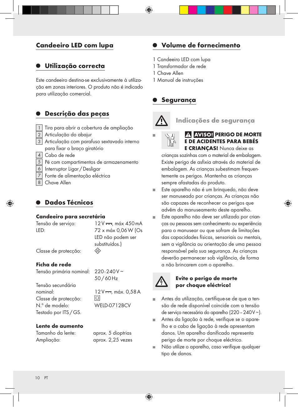 Candeeiro led com lupa, Utilização correcta, Descrição das peças | Dados técnicos, Volume de fornecimento, Segurança indicações de segurança | Livarno Z31304-BS User Manual | Page 10 / 19