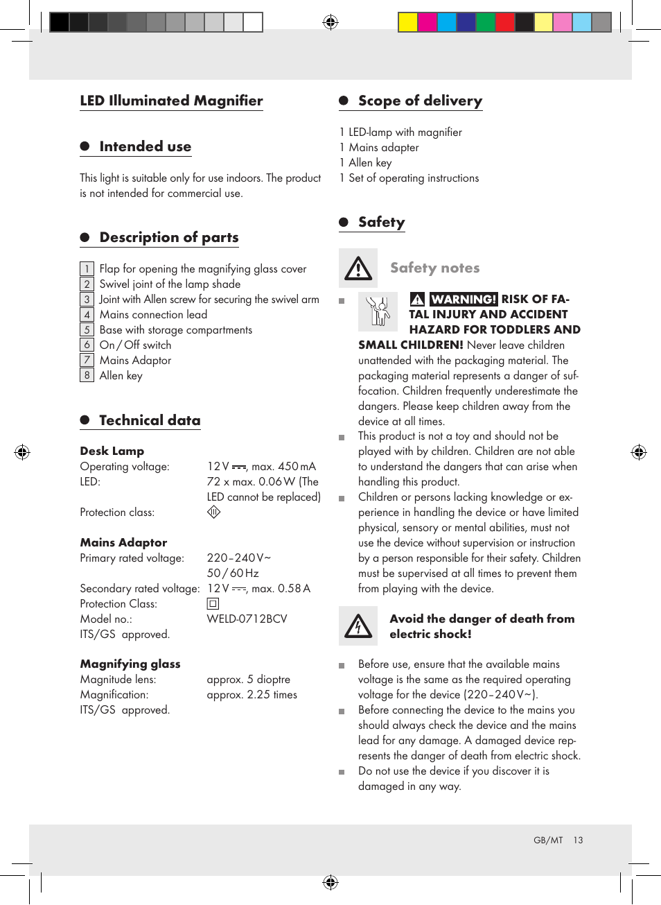 Led illuminated magnifier intended use, Description of parts, Technical data | Scope of delivery | Livarno Z31304-BS User Manual | Page 13 / 19