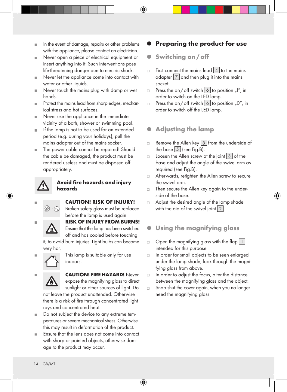 Preparing the product for use switching on / off, Adjusting the lamp, Using the magnifying glass | Livarno Z31304-BS User Manual | Page 14 / 19