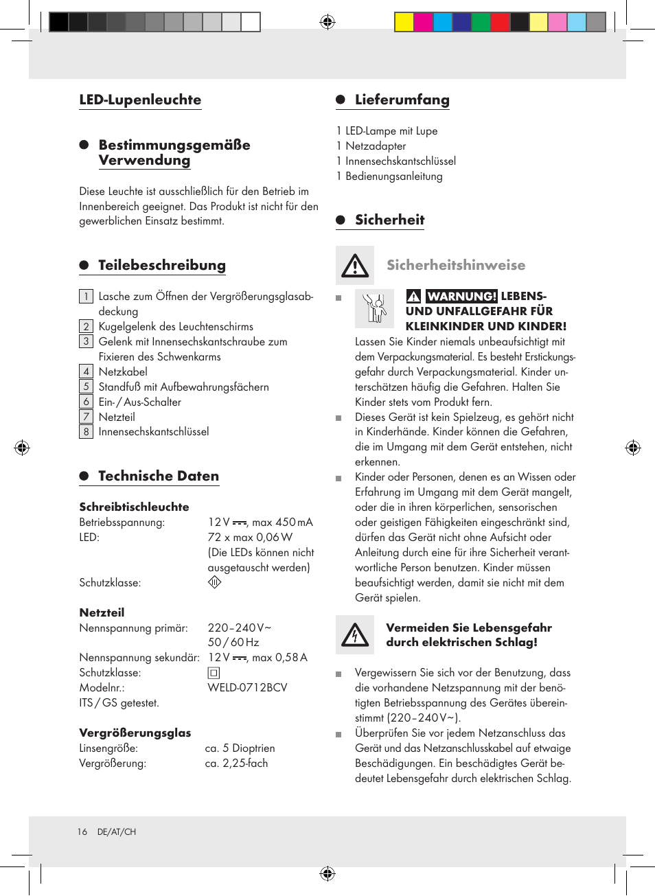 Led-lupenleuchte, Bestimmungsgemäße verwendung, Teilebeschreibung | Technische daten, Lieferumfang, Sicherheit sicherheitshinweise | Livarno Z31304-BS User Manual | Page 16 / 19