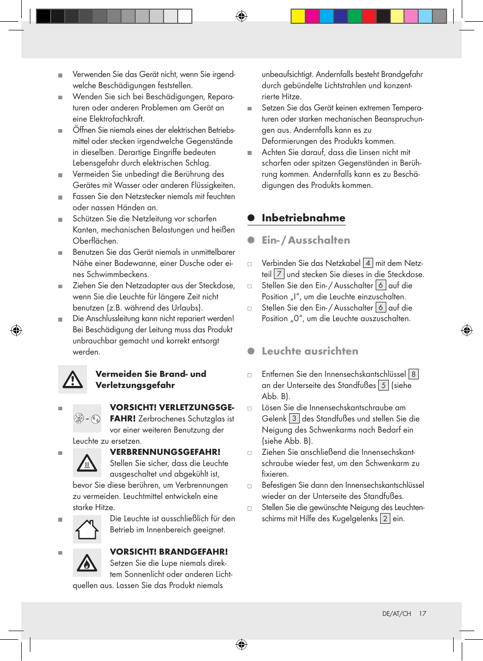 Inbetriebnahme, Ein- / ausschalten, Leuchte ausrichten | Livarno Z31304-BS User Manual | Page 17 / 19