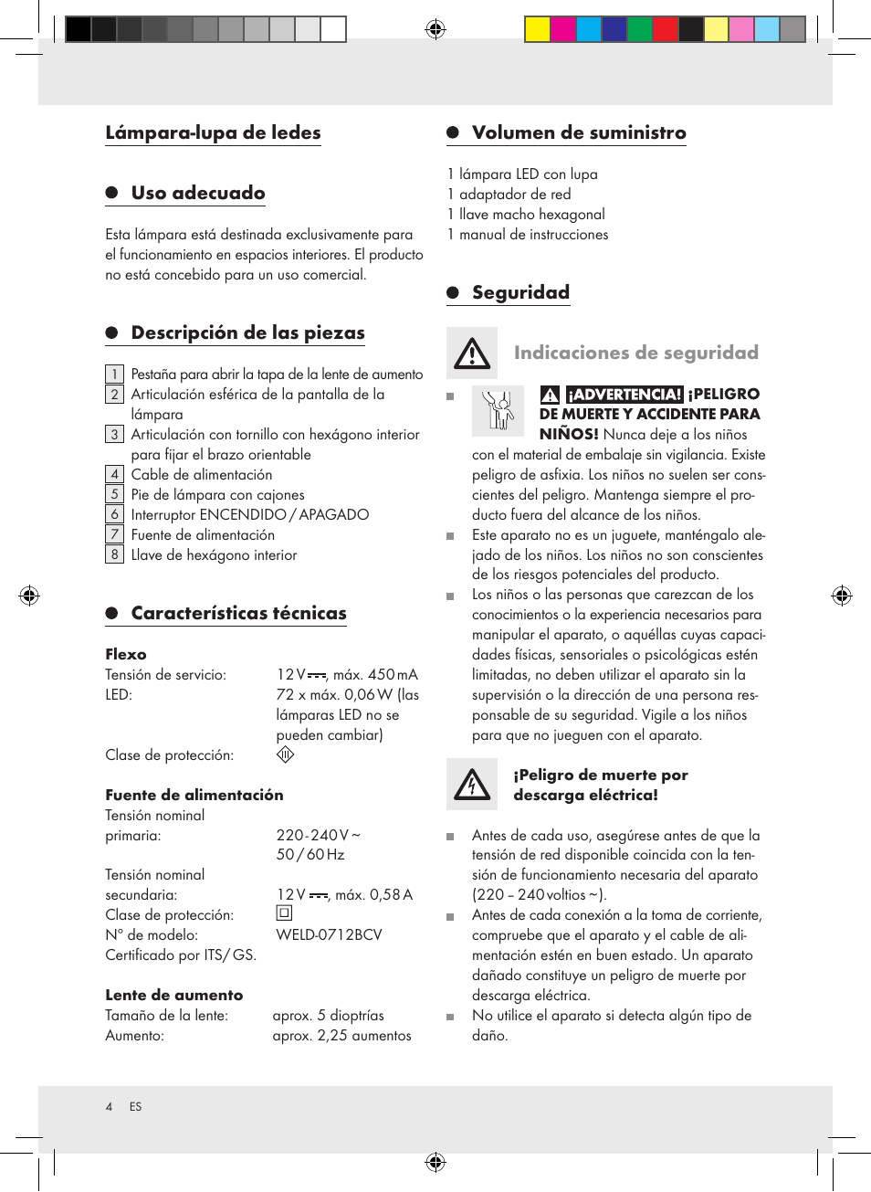 Lámpara-lupa de ledes, Uso adecuado, Descripción de las piezas | Características técnicas, Volumen de suministro, Seguridad indicaciones de seguridad | Livarno Z31304-BS User Manual | Page 4 / 19