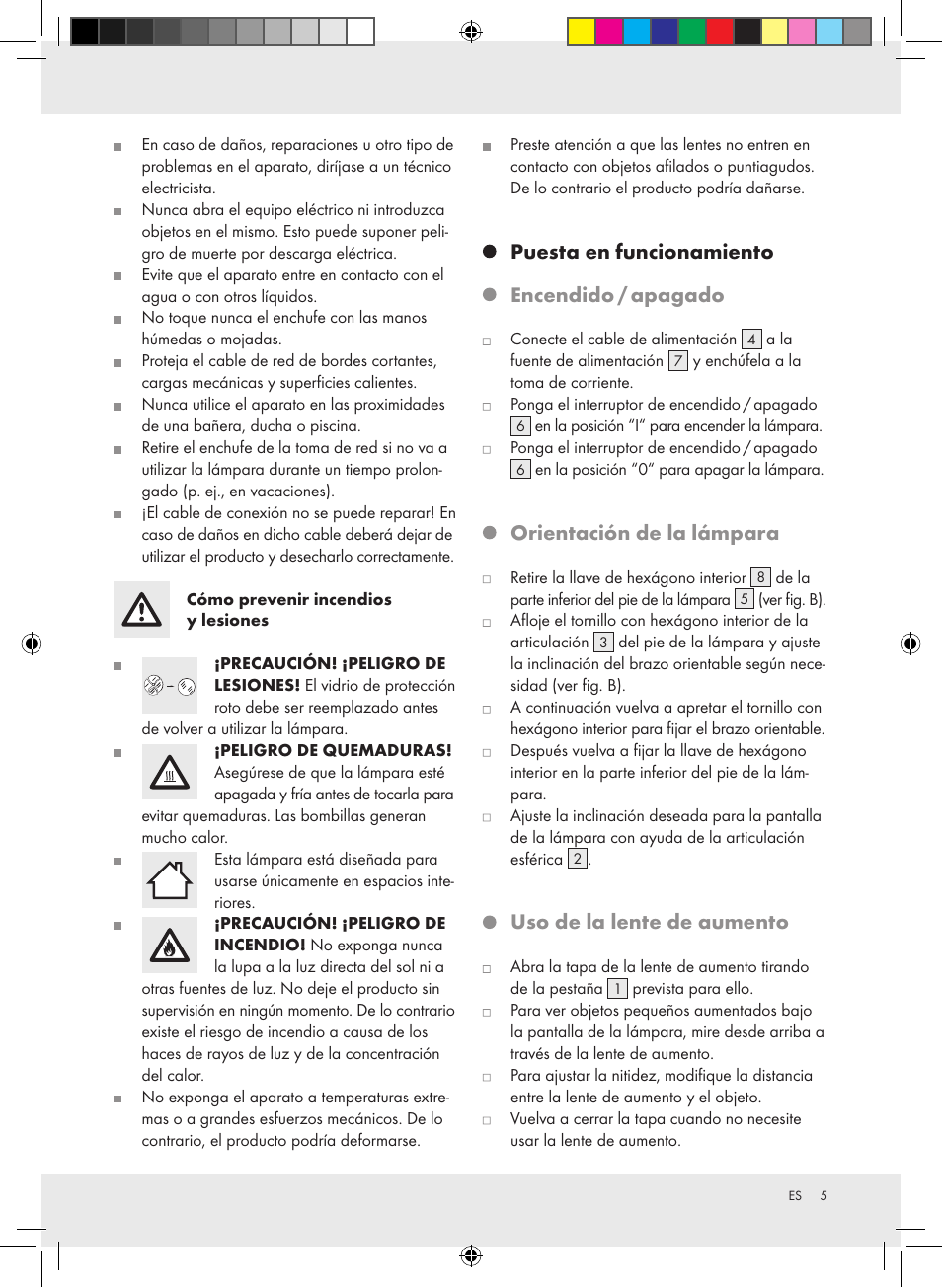 Puesta en funcionamiento, Encendido / apagado, Orientación de la lámpara | Uso de la lente de aumento | Livarno Z31304-BS User Manual | Page 5 / 19