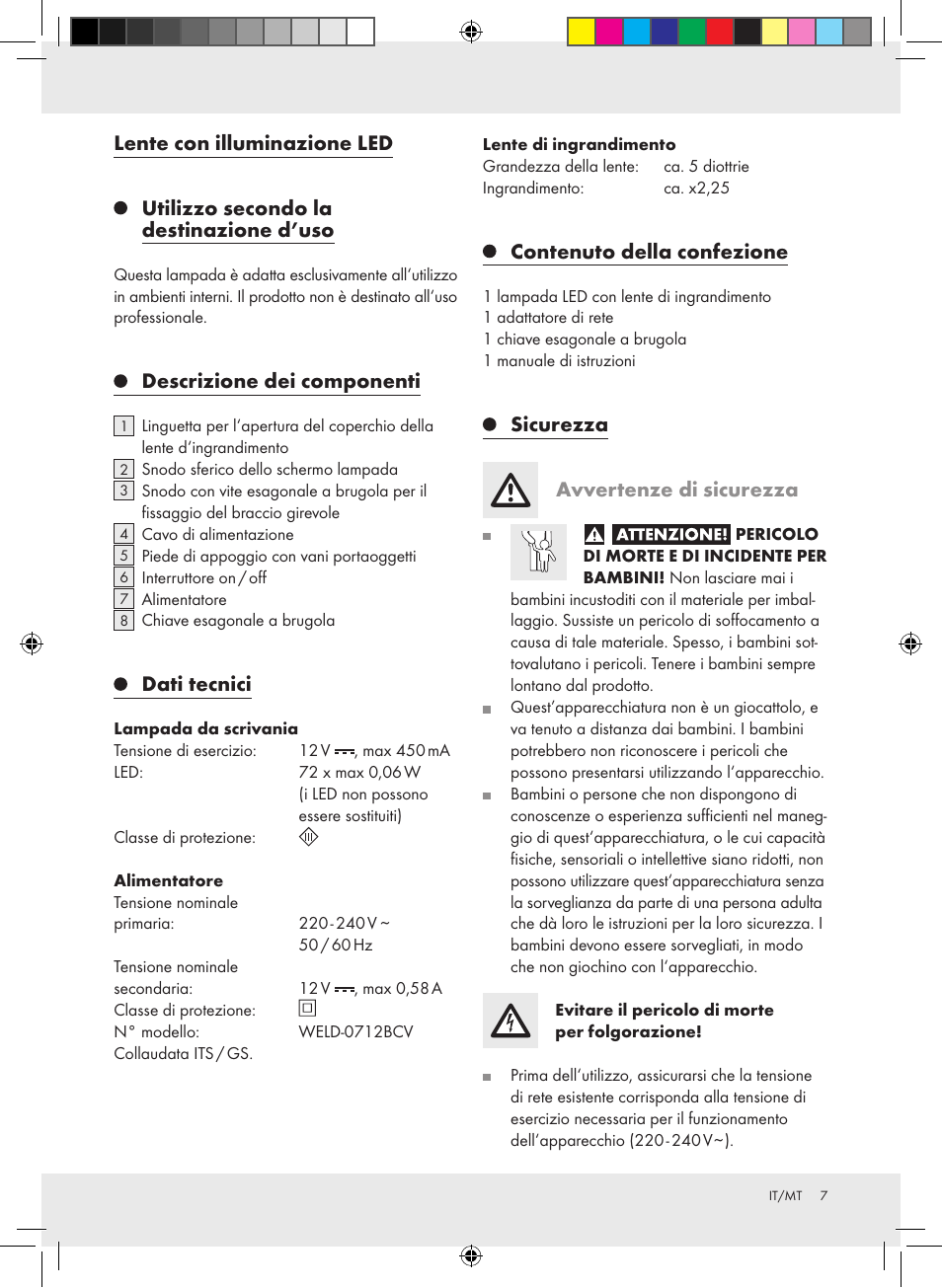 Lente con illuminazione led, Utilizzo secondo la destinazione d’uso, Descrizione dei componenti | Dati tecnici, Contenuto della confezione, Sicurezza avvertenze di sicurezza | Livarno Z31304-BS User Manual | Page 7 / 19