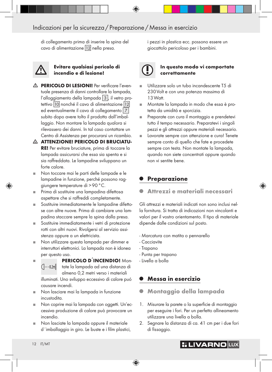 Preparazione, Attrezzi e materiali necessari, Messa in esercizio | Montaggio della lampada | Livarno Z30802A-BS / Z30802B-BS User Manual | Page 14 / 36