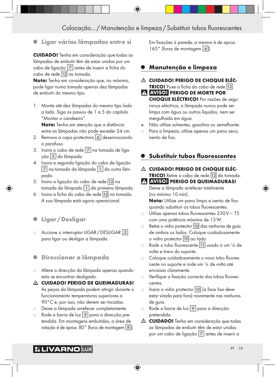 Ligar várias lâmpadas entre si, Ligar / desligar, Direccionar a lâmpada | Manutenção e limpeza, Substituir tubos fluorescentes | Livarno Z30802A-BS / Z30802B-BS User Manual | Page 21 / 36