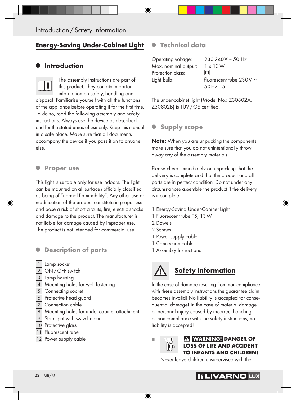 Introduction / safety information, Energy-saving under-cabinet light, Introduction | Proper use, Description of parts, Technical data, Supply scope, Safety information | Livarno Z30802A-BS / Z30802B-BS User Manual | Page 24 / 36