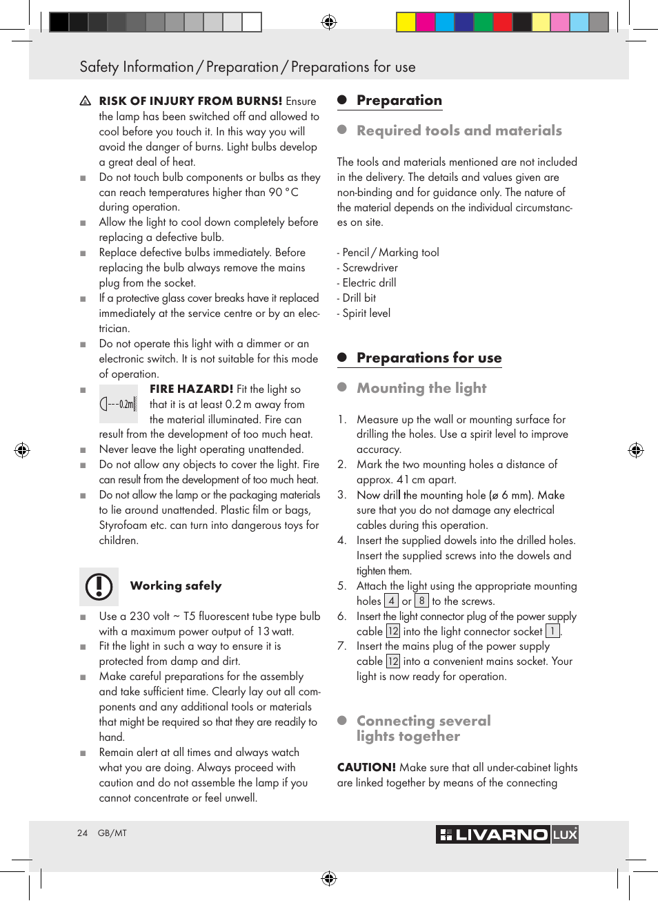 Preparation, Required tools and materials, Preparations for use | Mounting the light, Connecting several lights together | Livarno Z30802A-BS / Z30802B-BS User Manual | Page 26 / 36