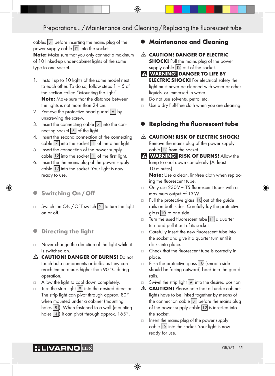 Switching on / off, Directing the light, Maintenance and cleaning | Replacing the fluorescent tube | Livarno Z30802A-BS / Z30802B-BS User Manual | Page 27 / 36