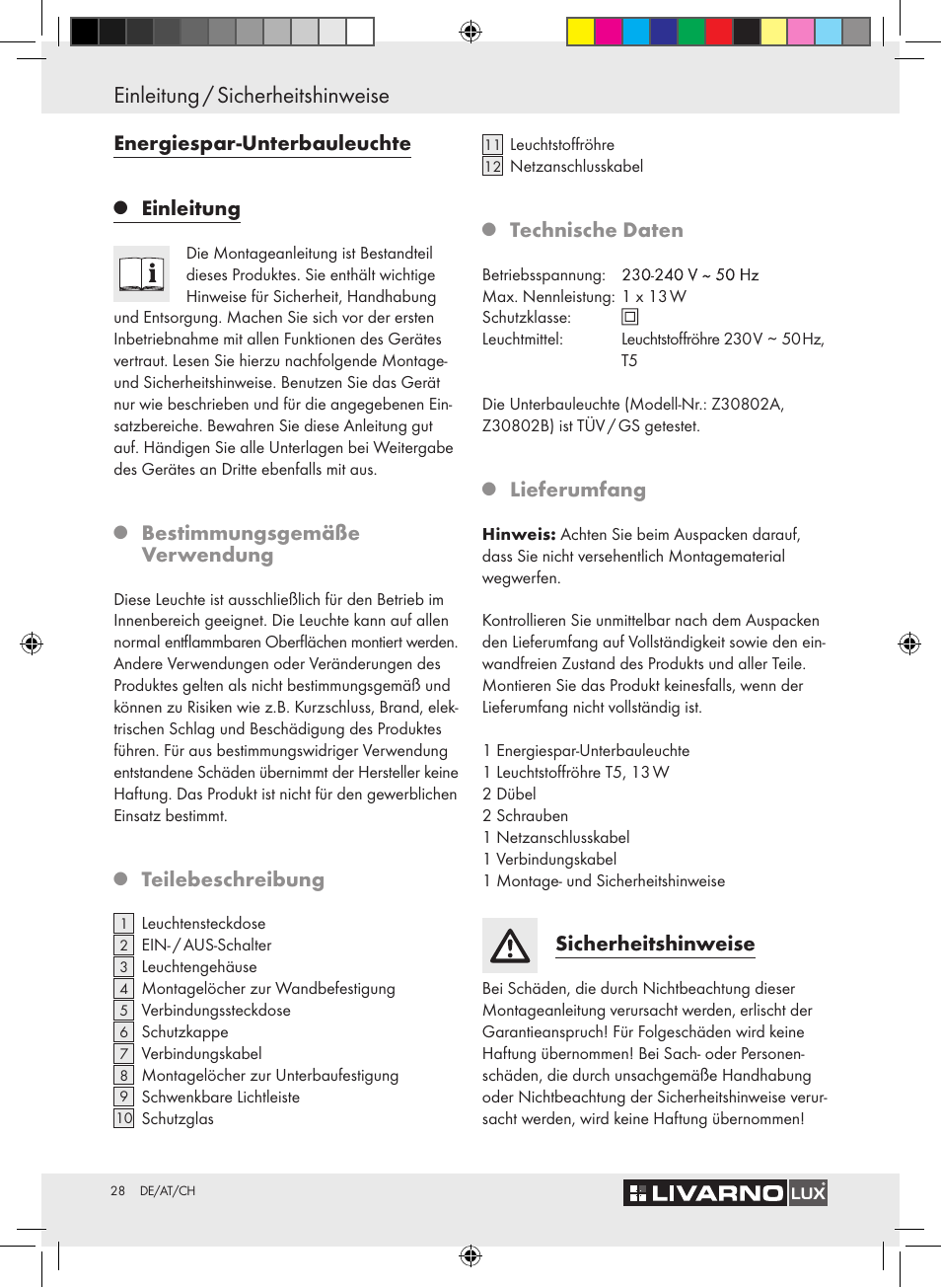 Einleitung / sicherheitshinweise, Energiespar-unterbauleuchte, Einleitung | Bestimmungsgemäße verwendung, Teilebeschreibung, Technische daten, Lieferumfang, Sicherheitshinweise | Livarno Z30802A-BS / Z30802B-BS User Manual | Page 30 / 36