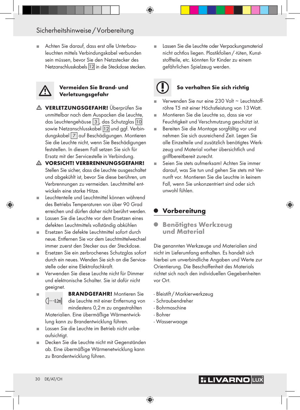 Sicherheitshinweise / vorbereitung, Vorbereitung, Benötigtes werkzeug und material | Livarno Z30802A-BS / Z30802B-BS User Manual | Page 32 / 36