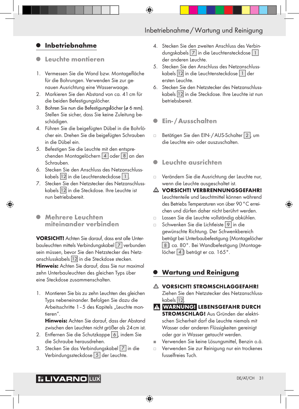 Inbetriebnahme / wartung und reinigung, Inbetriebnahme, Leuchte montieren | Mehrere leuchten miteinander verbinden, Ein- / ausschalten, Leuchte ausrichten, Wartung und reinigung | Livarno Z30802A-BS / Z30802B-BS User Manual | Page 33 / 36