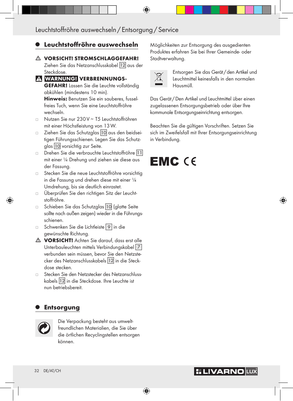 Leuchtstoffröhre auswechseln, Entsorgung | Livarno Z30802A-BS / Z30802B-BS User Manual | Page 34 / 36