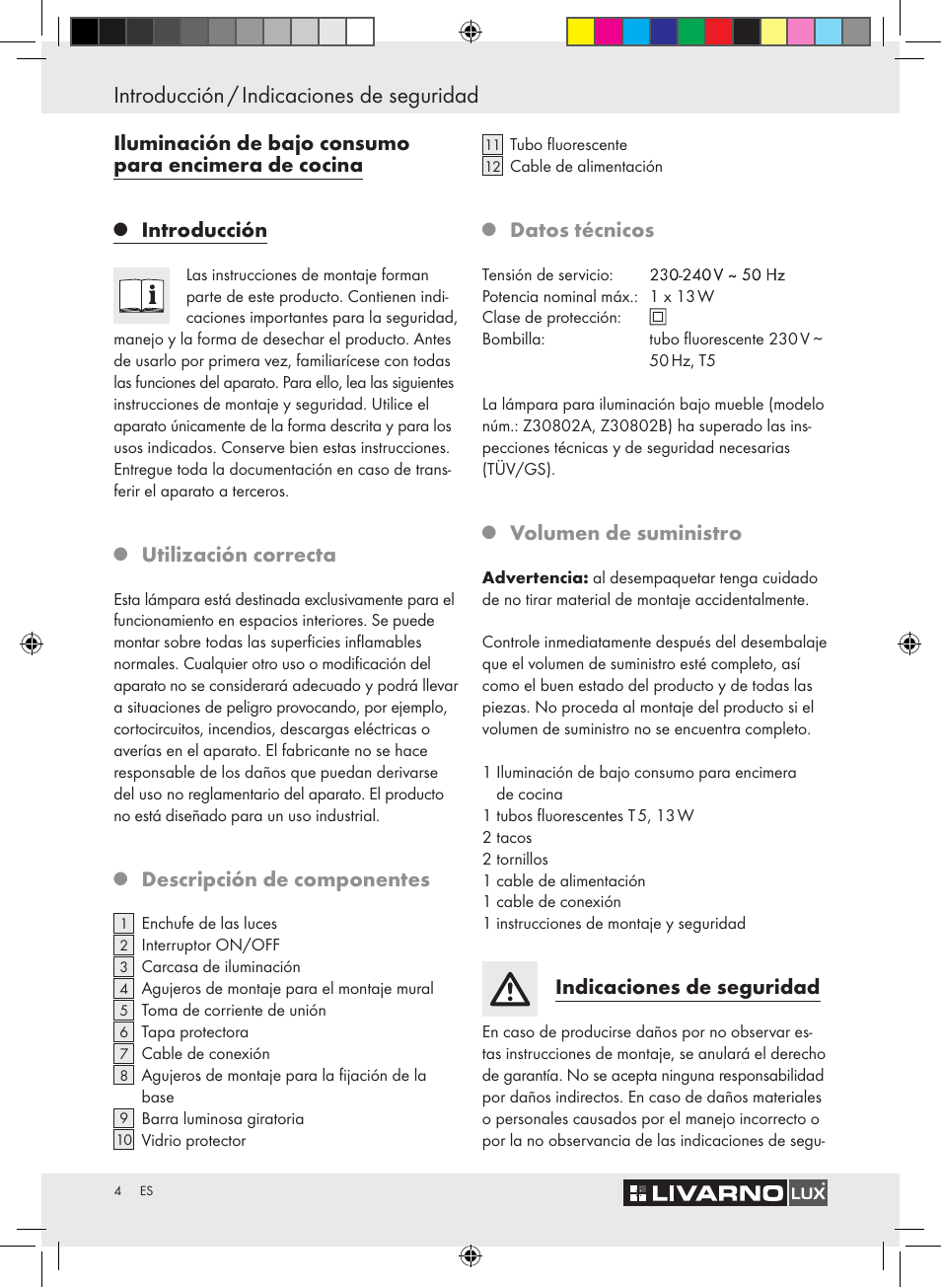 Introducción / indicaciones de seguridad, Introducción, Utilización correcta | Descripción de componentes, Datos técnicos, Volumen de suministro, Indicaciones de seguridad | Livarno Z30802A-BS / Z30802B-BS User Manual | Page 6 / 36