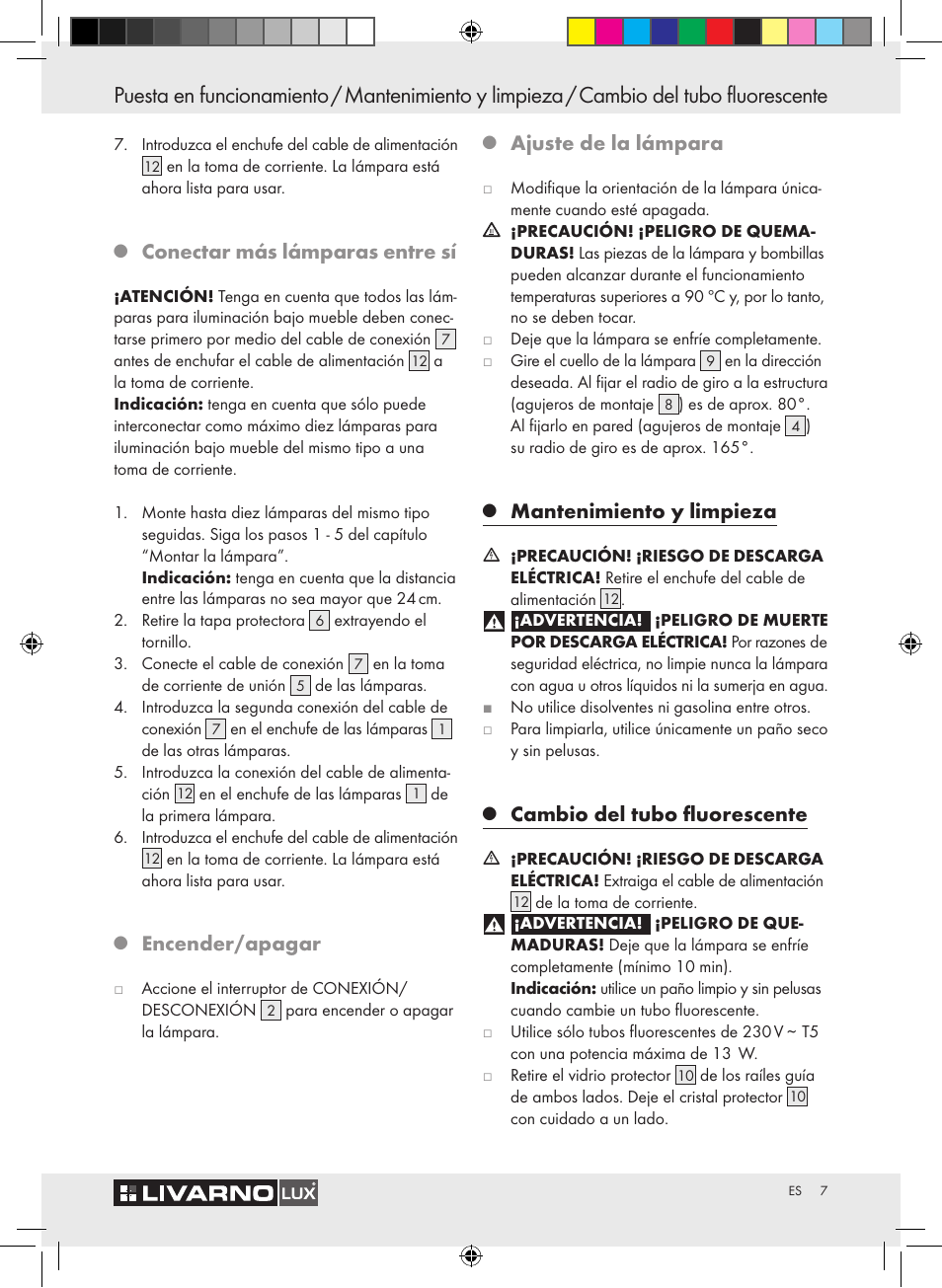 Conectar más lámparas entre sí, Encender/apagar, Ajuste de la lámpara | Mantenimiento y limpieza, Cambio del tubo fluorescente | Livarno Z30802A-BS / Z30802B-BS User Manual | Page 9 / 36