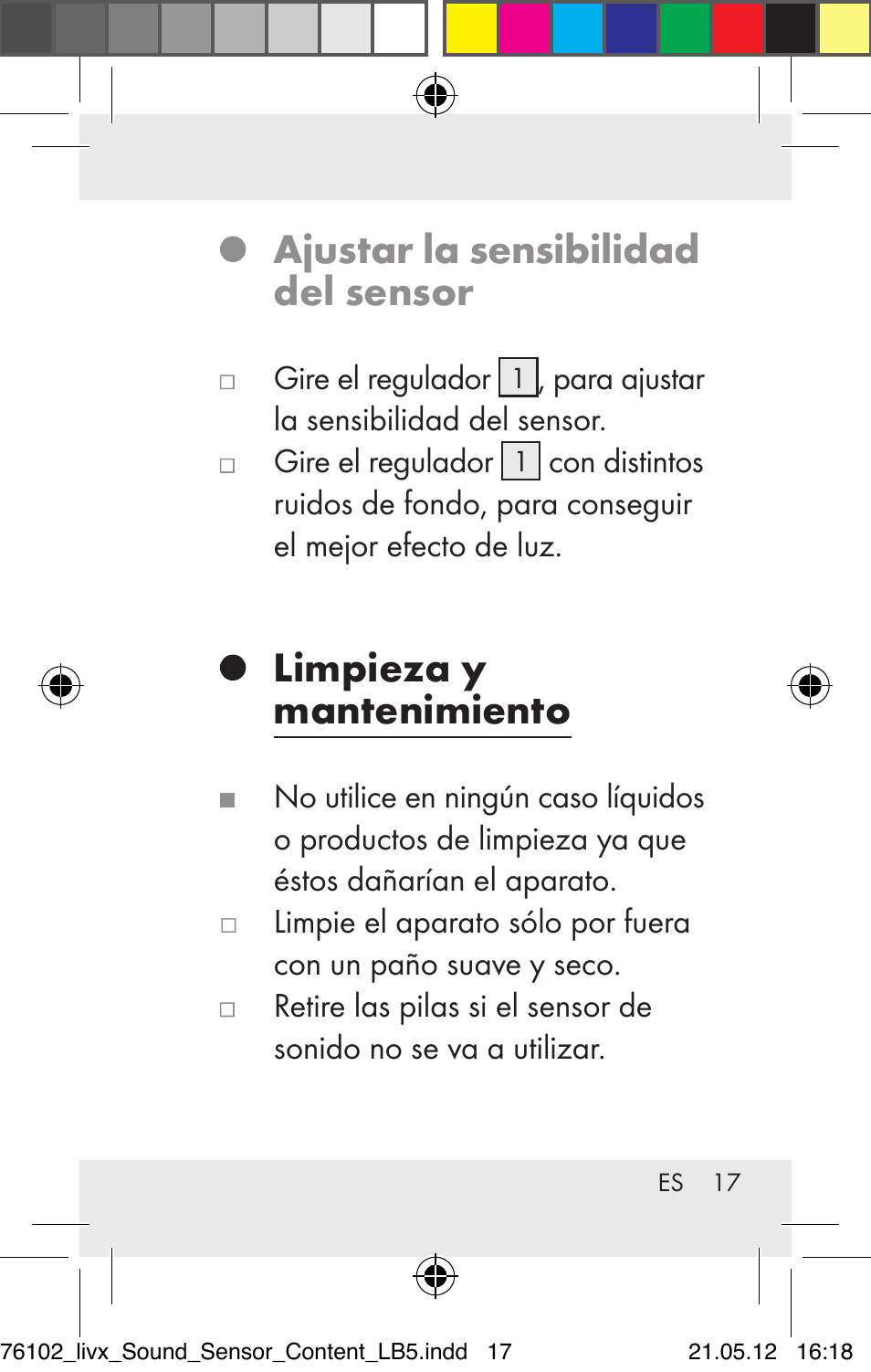 Ajustar la sensibilidad del sensor, Limpieza y mantenimiento | Livarno Z30425A Z30425B User Manual | Page 17 / 84