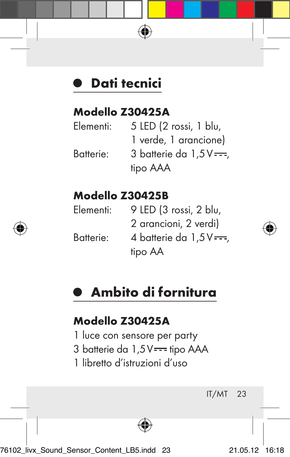 Dati tecnici, Ambito di fornitura | Livarno Z30425A Z30425B User Manual | Page 23 / 84