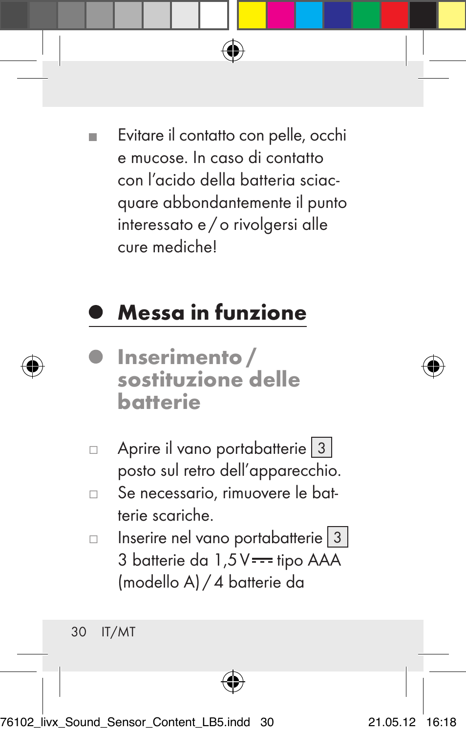 Messa in funzione, Inserimento / sostituzione delle batterie | Livarno Z30425A Z30425B User Manual | Page 30 / 84