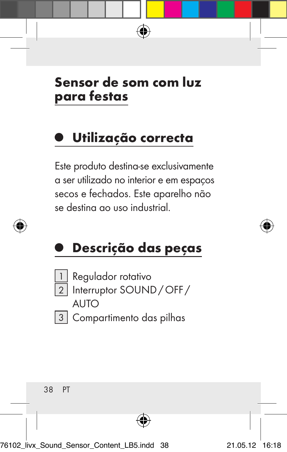 Sensor de som com luz para festas, Utilização correcta, Descrição das peças | Livarno Z30425A Z30425B User Manual | Page 38 / 84