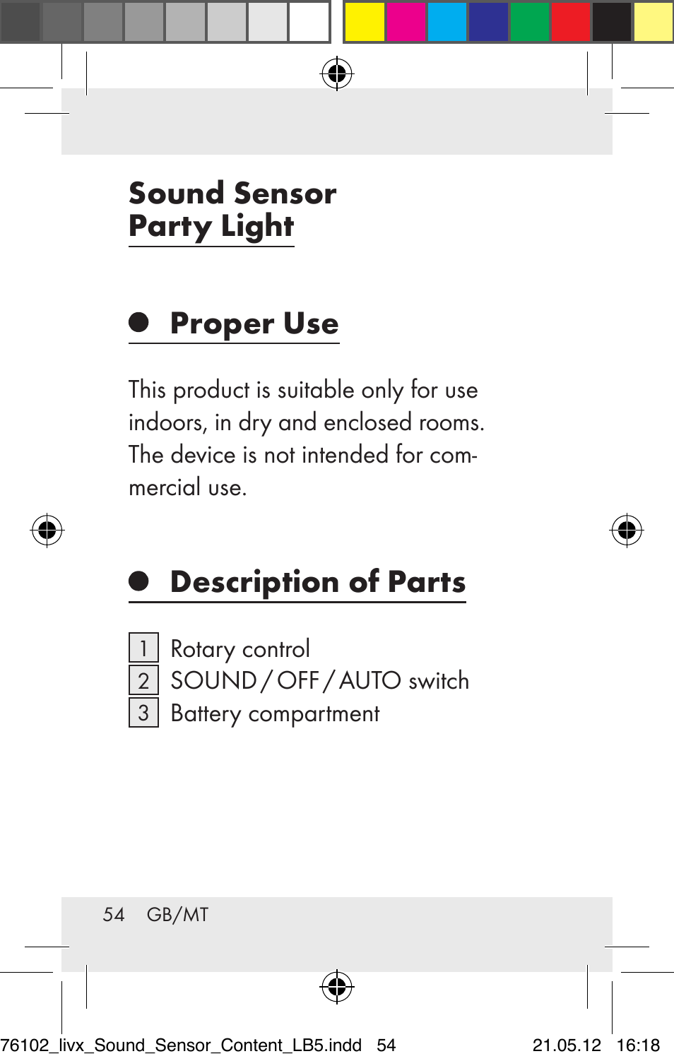 Sound sensor party light proper use, Description of parts | Livarno Z30425A Z30425B User Manual | Page 54 / 84