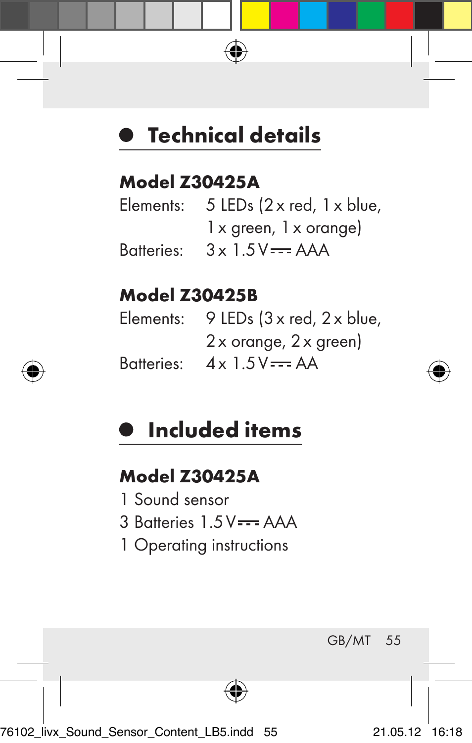 Technical details, Included items | Livarno Z30425A Z30425B User Manual | Page 55 / 84