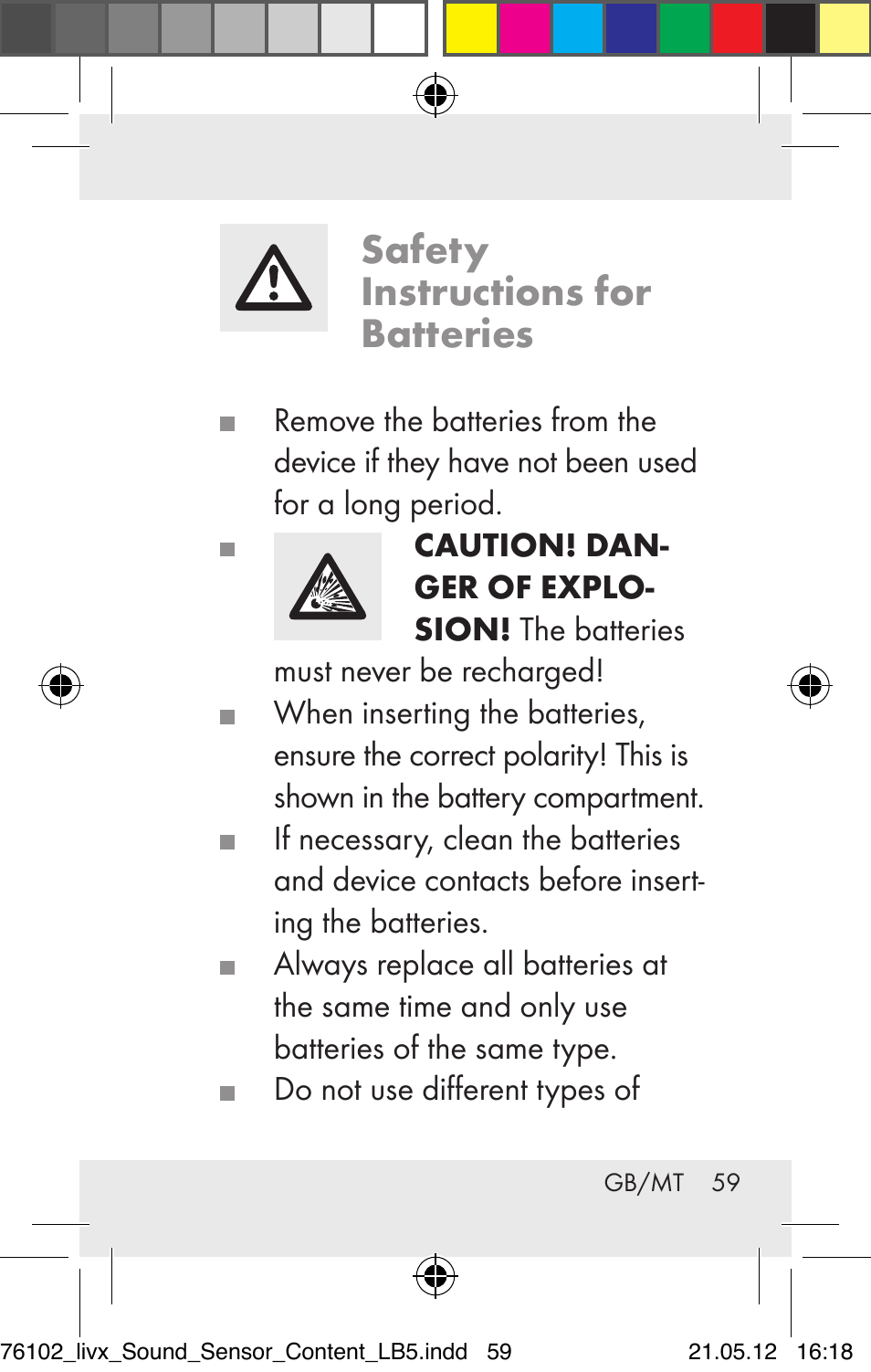 Safety instructions for batteries | Livarno Z30425A Z30425B User Manual | Page 59 / 84