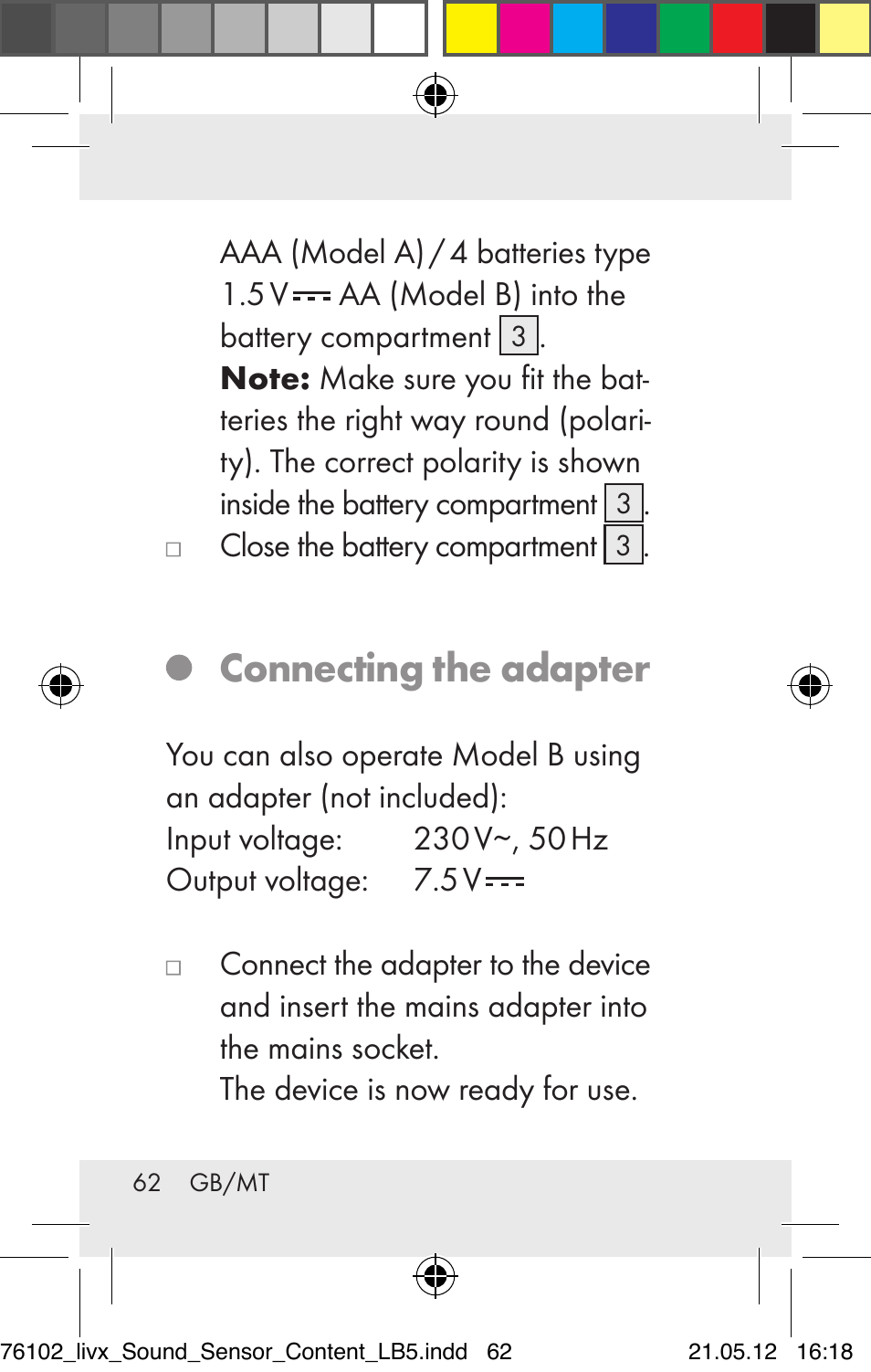 Connecting the adapter | Livarno Z30425A Z30425B User Manual | Page 62 / 84