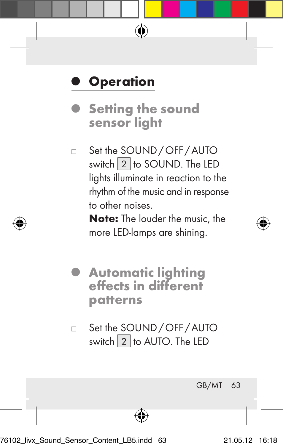 Operation setting the sound sensor light, Automatic lighting effects in different patterns | Livarno Z30425A Z30425B User Manual | Page 63 / 84