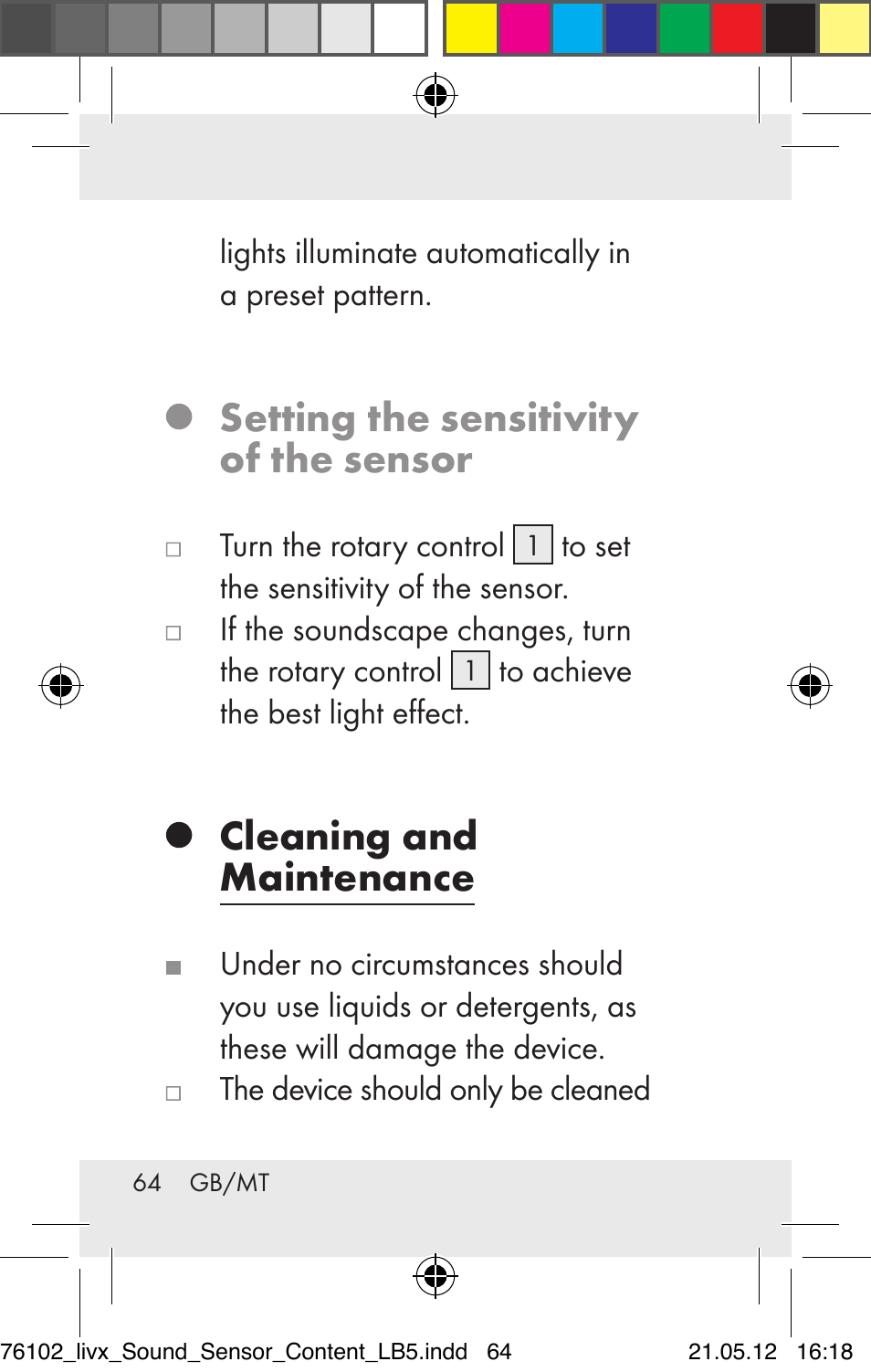 Setting the sensitivity of the sensor, Cleaning and maintenance | Livarno Z30425A Z30425B User Manual | Page 64 / 84