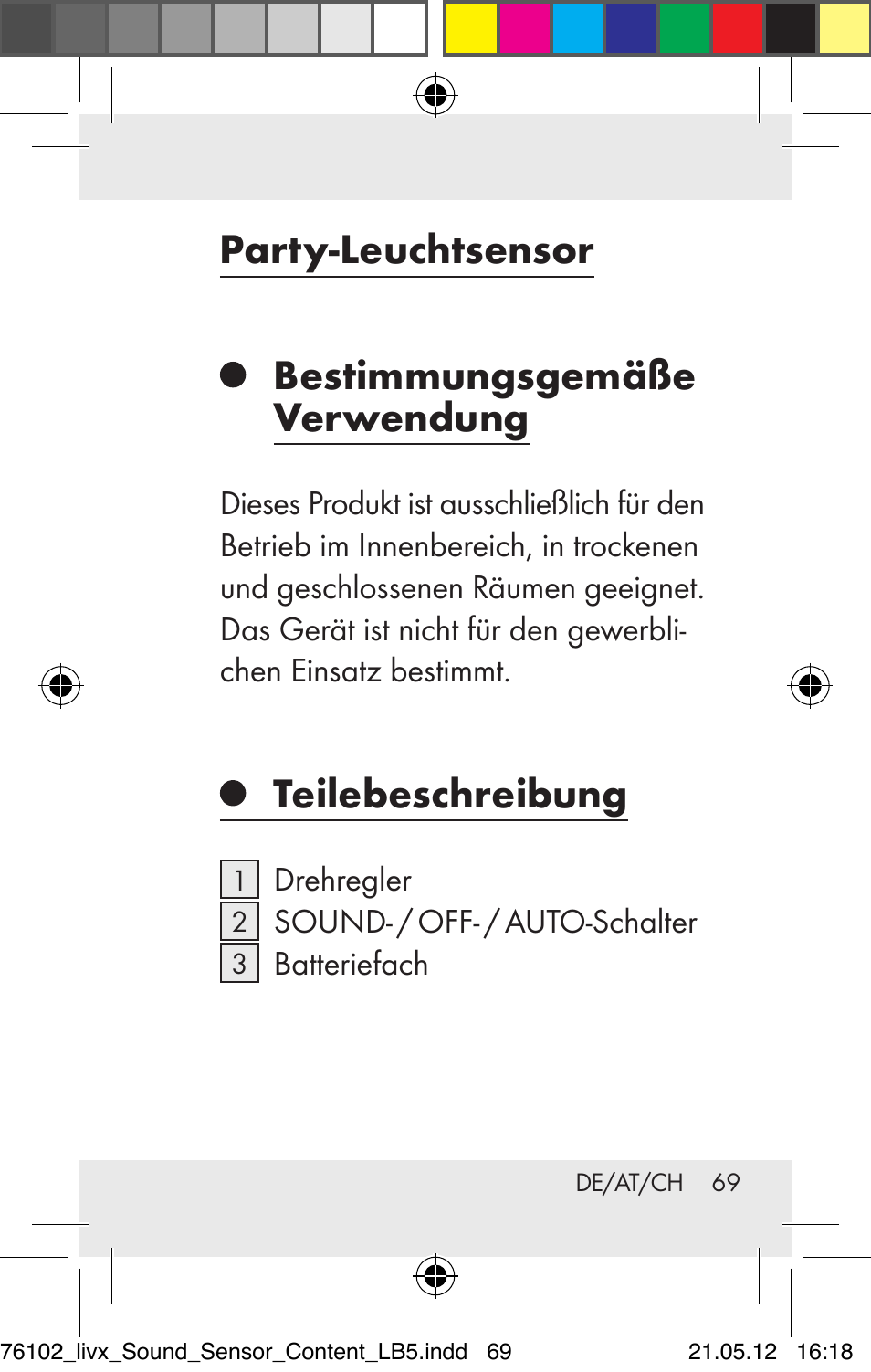 Party-leuchtsensor bestimmungsgemäße verwendung, Teilebeschreibung | Livarno Z30425A Z30425B User Manual | Page 69 / 84