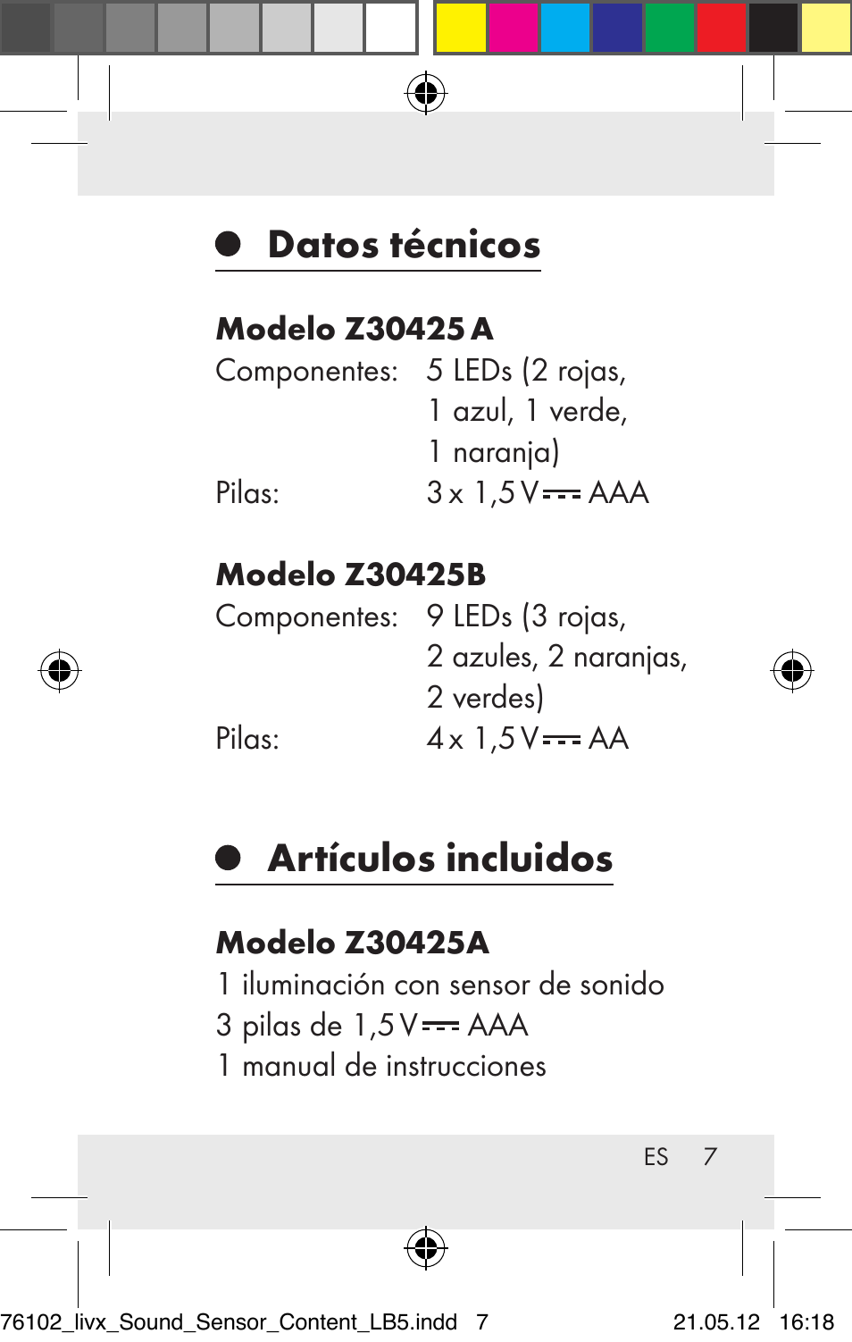 Datos técnicos, Artículos incluidos | Livarno Z30425A Z30425B User Manual | Page 7 / 84