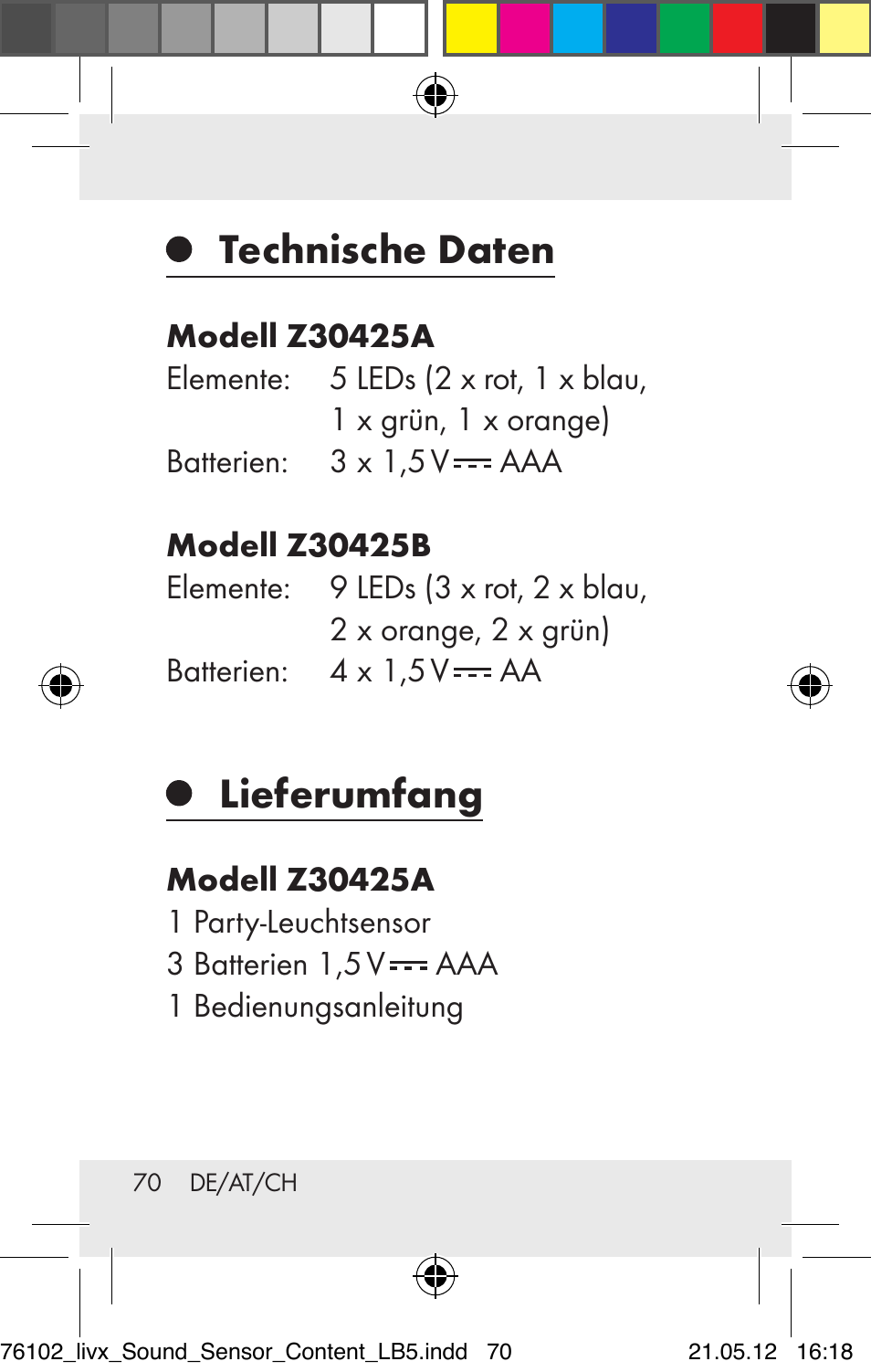 Technische daten, Lieferumfang | Livarno Z30425A Z30425B User Manual | Page 70 / 84