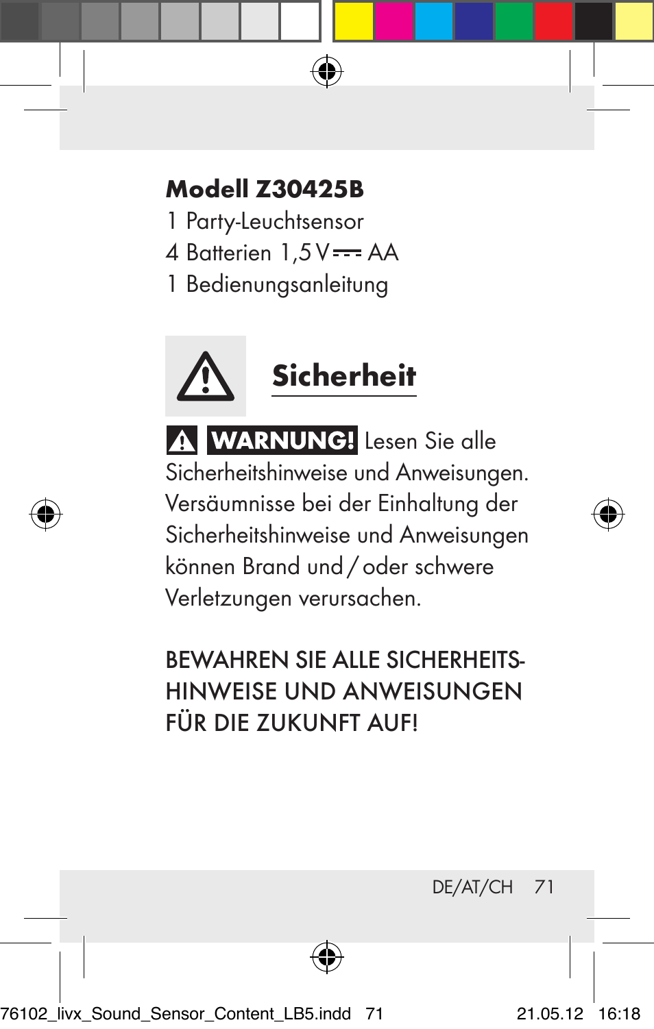 Sicherheit | Livarno Z30425A Z30425B User Manual | Page 71 / 84